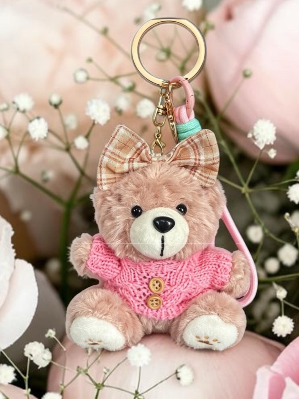 Plush teddy bear bag, charm keychain with bow and pink crochet sweater